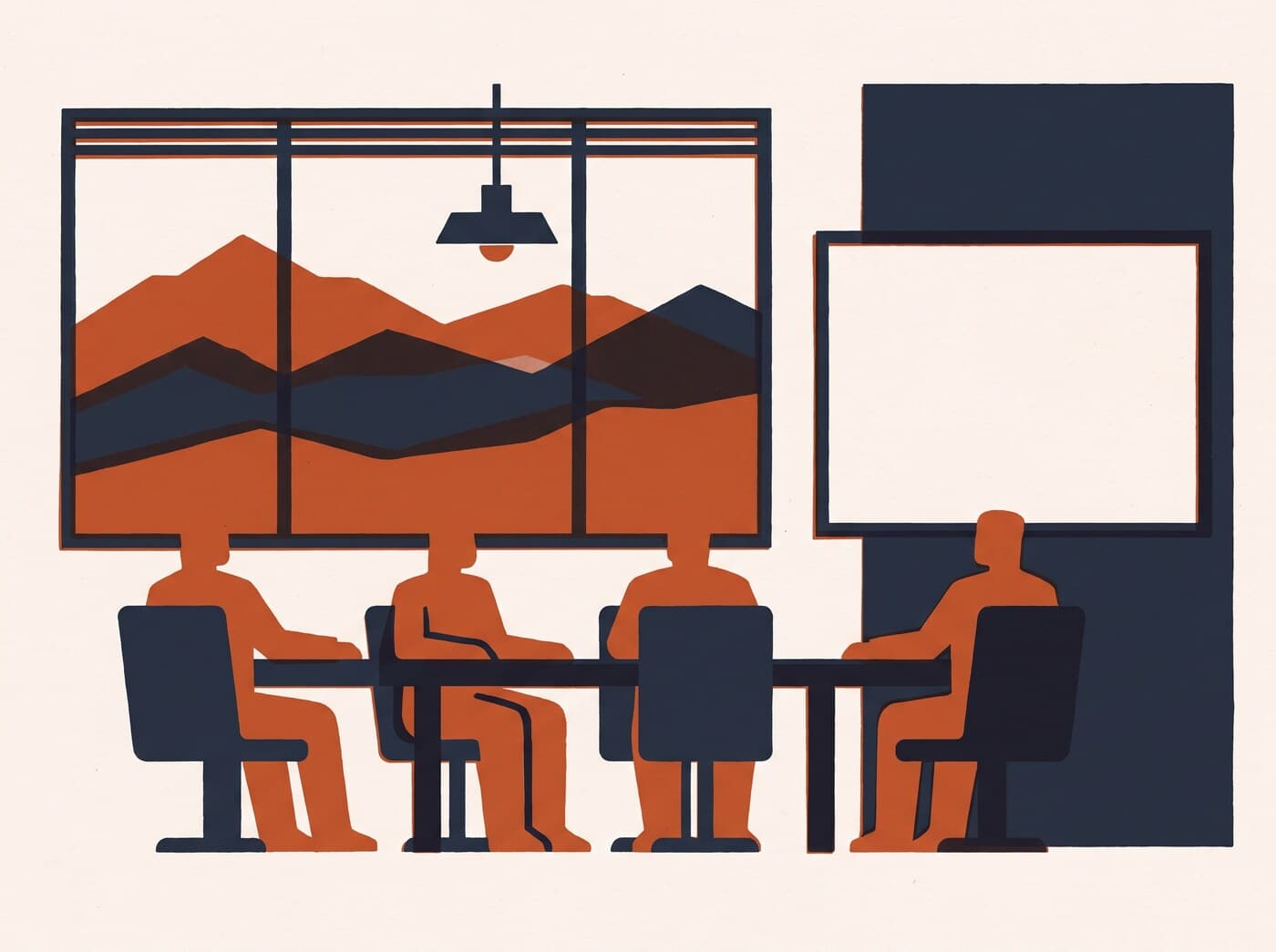 A boardroom table with four people, mountains through the window behind them