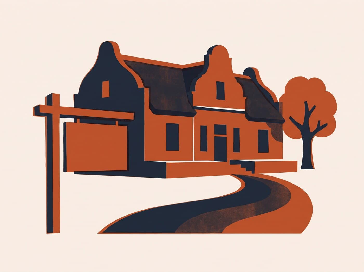 'n Kaaps-Hollandse plaashuis met 'n te-koop-bord langs die oprit